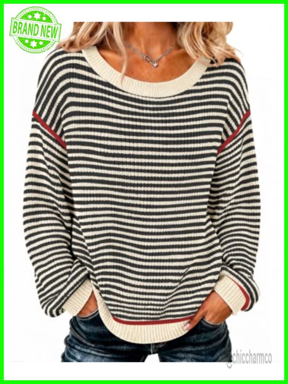 Womens Oversized Striped Pullover Sweater Soft Knit Crew Neck Long Sleeve